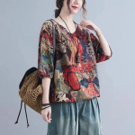 Puuvillane ja linane keskealine ema suvine lahtine keskmiste varrukatega T-s&auml;rk Naiste retro &otilde;huke moodne linane top S