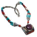 Turquoise, Coral Handmade 925 Sterling Silver Jewelry Necklace 18 q0q72