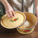 Vintage kollane emailist pesukauss - Nostalgiline retro suppikauss 20cm basin + cover