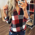 Naiste moe vabaaja kevad-s&uuml;gis ruuduline mustriga pikkade varrukatega V-kaelusega pluusid ja s&auml;rgid L sinine