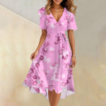 Naiste suvine mood V-kaelusega laienev kleit l&uuml;hikeste varrukatega lillelised kleidid XXL roosa