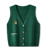 Vintage praetud taignakeerud V-kaelusega kootud vest naistele kevad-s&uuml;gis k&auml;sitsi tikitud vest M roheline