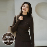Women's Semi-High Collar 100% Wool Knit Top M (Bust 100cm)