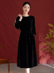 Elegantne Retro SiidSametist Midi Kleit - Naiste Sidumissilmikuga V&ouml;&ouml;koht, Pikkade Varrukatega, Mooruspuu Siid S&uuml;giseks/Talveks Medium lilla