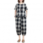 Naiste kaheosaline vabaaja ruuduline l&uuml;hikeste varrukatega pluusi ja dressip&uuml;kside komplekt suvine lahtine riietus 2XL must