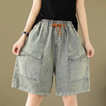 Puuvillased l&uuml;hikesed p&uuml;ksid naistele suvised suured p&uuml;ksid vintage lahtised k&otilde;rge v&ouml;&ouml;kohaga elastsed denim laia s&auml;&auml;rega seelik-p&uuml;ksid L helesinine v&auml;rv