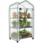 Miniaedkasvuhoone 3 riiuliga, suure tihedusega PVC kate, &uuml;lesrullitav uks, 4 ratast, 69 x 49 x 130 cm, l&auml;bipaistev 69 x 49 x 130 cm
