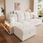 Moodul-L-kujuline diivan vabalt paigutatava panipaiguga ottomani, kahek&auml;etoega panipaik, laadimispistikud m&otilde;lemal k&auml;etoel ja LED-meeleoluvalgusti 253 x 144.5 x 80.7 cm beež