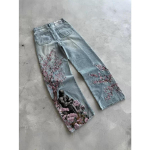 Y2K Harajuku teksap&uuml;ksid Gooti Vintage Ploomi&otilde;ie Tikandimuster Laiad P&uuml;ksid Mehed Naised Denim Kangas Ameerika Stiil T&auml;navar&otilde;ivad L gray