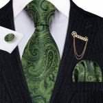 Kuldne prossn&otilde;el lipsuga meestele Roheline Paisley Jacquard siidist kaelaside Hanky ​​mansetin&ouml;&ouml;bid pulmade tutvumiskomplektiks 5165