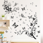 DIY Black Flower Butterfly Tree Vin&uuml;&uuml;l Art Decal Koduseinakleebise ruumi sisekujundus