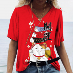 Armas 3D Lucky Cat Print T-s&auml;rk ummer naiste V-kaelusega l&uuml;hikeste varrukatega &uuml;laosa Harajuku Jaapani stiilis vabaaja s&auml;rgid, mitmek&uuml;lgsed Y2K 8XL S