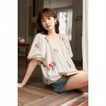 Mishow naiste pluus 2023, suvine uus korea stiilis tikand, kandiline krae, puhvis varrukas, lilleline vabaaja topp MXC38X0092 S