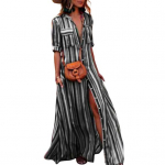 Naiste triibuline pikk kleit, moodne v&auml;rv, kontrastsus, kaelarihm, n&ouml;&ouml;biga kardigan, boheemlaslik pol&uuml;ester, mugav naiste kleit, naiste varustus M must