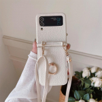 Nahast Crossbody kaelapael &otilde;larihma telefoni&uuml;mbris Samsung Galaxy Z Flip 5 4 3 Flip5 Flip4 Flip3 5G/iphone 15 14 13 12 11 Pro Ring Beauty Mirror jaoks iphone 15 valge