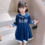 T&uuml;drukute sametkleit Lolita Printsess Tikitud Paksud Kleidid Lastemood S&uuml;gistalvine Pits Peter Pan krae kleit Lasteriided 8T sinine