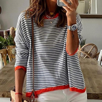 JKASHDK naiste moe vabaaja triipprinteriga kevad-s&uuml;gis pikkade varrukatega O-kaelusega pulloverid ja pikad varrukad S valge