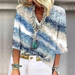 Naiste s&auml;rkpluus vabaaja s&auml;rgid 3/4 varrukatega tr&uuml;kitud V kaelusega T-s&auml;rgid T-s&auml;rgid L sinine