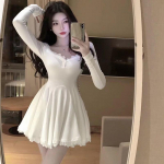 Pikkade varrukatega pitsist soliidsed minikleidid naiste Lolita Kawaii kleit, piduklubi vabaaja kevadine &otilde;huke elegantne korea kleit S valge