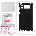 apgo kaitsev nahakleebis tagak&uuml;ljele ja k&uuml;lgedele, mis &uuml;hildub Samsung Galaxy Z Flip 3-ga, t&auml;iskile, foolium, vin&uuml;&uuml;l &ndash; mustriga must kaamo