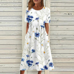 Naiste vabaajakleidid Tr&uuml;kitud kleidid Suvekleidid Tr&uuml;kitud plisseeritud O-kaelusega kleidid L sinine