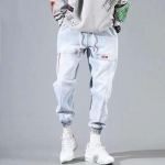 T&auml;navar&otilde;ivad Hip Hop Cargo P&uuml;ksid Meeste Teksad Elastsed Baggy Harem P&uuml;ksid Meeste Sport Joggers Korea Mood Pahkluu Rihmaga Denim XL sinine