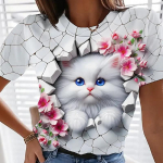Naiste T-s&auml;rk 3D-printimine Kawaii kassi lilleline graafika vabaaja l&uuml;hikeste varrukatega t-s&auml;rk Topid, moes suvine O-kaelusega Y2K T-s&auml;rk t&uuml;drukutele S
