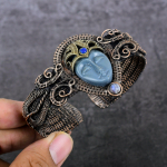 Natural Cameo, Topaz Gemstone Copper Wire Wrap Cuff Bangle Adjustable u3c58