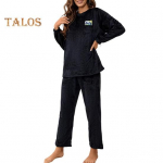 2 tk/komplekt S&uuml;gistalvine naiste pidžaama&uuml;likond &Uuml;markaelusega pikkade varrukatega flanellist &uuml;laosa paks lahtised elastsed v&ouml;&ouml;kohad p&uuml;ksid magamisriided vabaaja koduriided M must