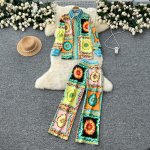 Runway Designer Vintage Print p&uuml;kste kaheosaline komplekt naistele lahtik&auml;iva s&auml;rgi ja pahkluu p&uuml;kstega kontorit&ouml;&ouml; &uuml;likond XXL