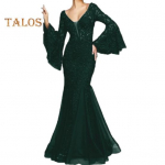 Naiste &otilde;htukleit V kaelusega, l&auml;bipaistev pitstikandid, lainelised varrukad Ballikleit A-kujuline kalasaba-&auml;&auml;r Slim Fit kokteilipeokleit balli&otilde;htu banketi maksikleit S