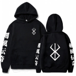 Kuum Anime Hoodie Berserk Print Graafiline dressipluus Harajuku Hip Hop Lahti Meeste/Naiste T&auml;navar&otilde;ivad Suurem&otilde;&otilde;tmelised topid L must