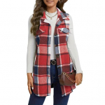 Lady Spring Fall vest, alla keeratav krae, ruuduline print, varrukateta lahtine &uuml;herealine keskmise pikkusega vest XXL punane