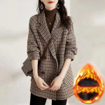 Vintage koerahamba mustriga naiste villane bleiser kaherealine ruuduline &uuml;likonnajakk mood korea pealisr&otilde;ivad lahtised villased mantlid M kohv