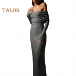 Daami &otilde;htukleit paadikaelusega, &otilde;lgu paljastava dekolteega, pikkade varrukatega, s&auml;delevate litritega, pronksikarva, &otilde;lapaelteta, keha j&auml;rgi liibuv, ballikleit, kokteilipidu, maksikleit S hall