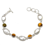 White Topaz, Tiger Eye handmade 925 Sterling Silver Bracelet 7-8 V3L38