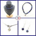 Pierres et Min&eacute;raux. Parure Bracelet Collier Boucles D'oreilles Pendantes 15 perles Lapis Taille personnalisable.