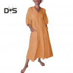 Naiste kleit A-l&otilde;ikeline V-kaelusega &uuml;hev&auml;rviline plisseeritud kolmveerandvarrukatega taskutega suvekleit igap&auml;evaseks, kohtinguteks, t&ouml;&ouml;les&otilde;iduks S valge