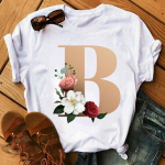 Flower Letter Font ABCDEFG Print Naiste T-s&auml;rk Casual Basics O-kraega valge s&auml;rk L&uuml;hikeste varrukatega naiste T-s&auml;rgid L