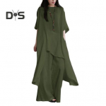 2 tk/komplekt puuvillased linased topid p&uuml;kste komplekt O-kaelusega poolvarrukatega ebaregulaarse &auml;&auml;risega topid k&otilde;rge v&ouml;&ouml;kohaga pikad p&uuml;ksid, &uuml;hev&auml;rviline vabaaja riietus M armee roheline v&auml;rv