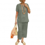 Puuvillane linane kaheosaline puhkekomplekt naistele, lahtise V-kaelusega l&uuml;hikeste varrukatega top, sobivad laiad p&uuml;ksid, suvine vabaaja riietus 2XL