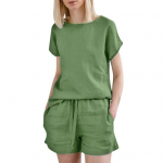Naiste Kaheosaline Komplekt Puuvillane Linane Suvine Sobiv Vabaaja Komplekt Vabaaja &Uuml;marakaelusega Pluus L&uuml;hike Kost&uuml;&uuml;m N&ouml;&ouml;rv&ouml;&ouml;kohaga Koduriieteks M hall