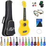 21 inch Soprano Ukulele Basswood Acoustic Mini Guitar for Beginner Starter with Case Strap Tuner Picks Strings Primary Tutorial kollane