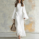 Naiste &uuml;hev&auml;rviline pikk kleit pikkade kellukujuliste varrukatega, v&ouml;&ouml;ga sidumiseks, lai, elegantne, minimalistlik, s&uuml;gisene pikk kleit XL white