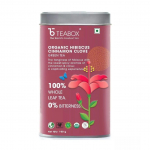 Roheline tee hibiskuse, nelgi ja kaneeliga (100 g), Orgaaniline hibiskuse, kaneeli, nelgi ja rohelise tee segu, Teekarp