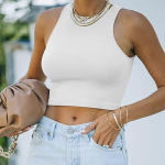 Valge kootud &uuml;mara kaelusega naiste T-s&auml;rk Seksikas varrukateta Camisole Crop top, naiste kitsas stretch, naiste trikoop&uuml;ksid t&auml;navar&otilde;ivad XXXL valge