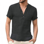 Suvine puuvillane linane l&uuml;hikeste varrukatega meeste s&auml;rk &uuml;hev&auml;rviline taskuga kaelusnupp poolavatud mustad s&auml;rgid S-5XL XXL must