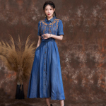 Johnature vintage tikandiga rev&auml;&auml;riga kauboikleit suvine s&uuml;gisene naiste moodne &uuml;herealine l&uuml;hikeste varrukatega kleit M sinine