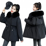 Naiste soe pikk mantel karusnahast krae kapuutsiga jakk Slim Winter Parka Outwear M must