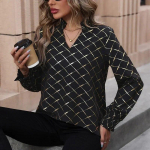 Moodne V-kaelusega lahtise tr&uuml;kiga lihtne s&auml;rk Vintage pikkade varrukatega ruuduline pluus S&uuml;gisene vabaaja kontorinaised Blusas Mujer 30138 S must